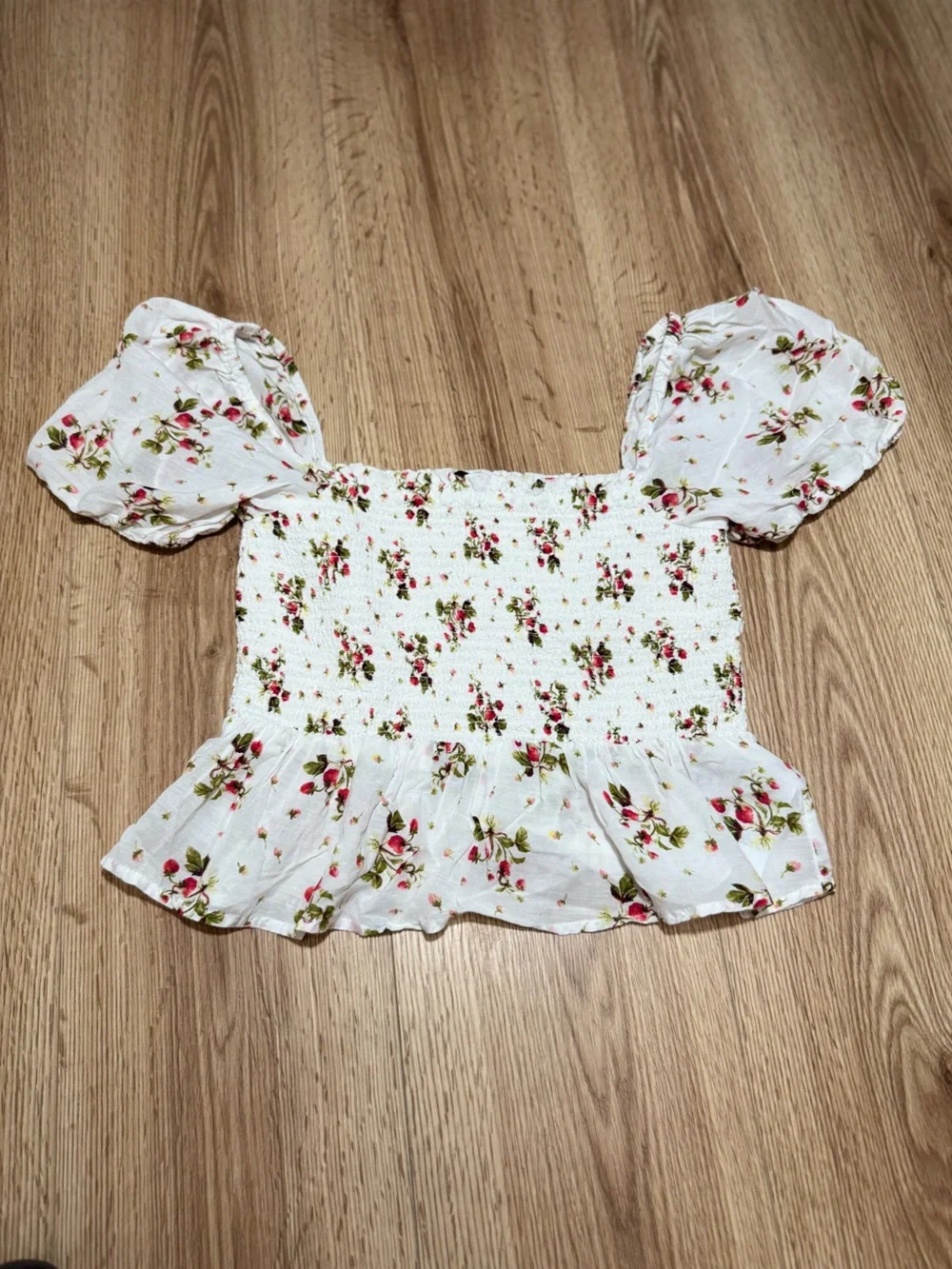 J. Crew White Floral Smocked Crop Top with Puff Sleeves and Peplum